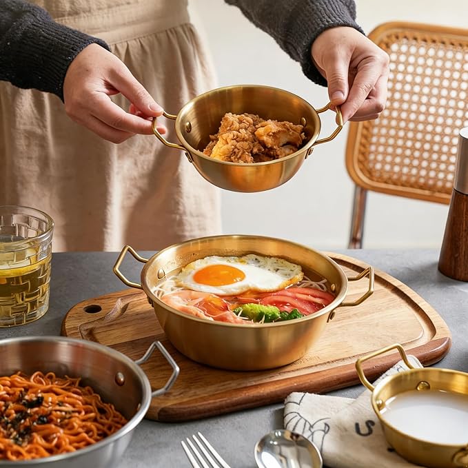 3Pcs Stainless Steel Sauce Dishes with Handles, Korean Golden Dipping Bowls | Small Metal Dipping Bowl, Korean Ramen Bowl, Mini Soup Bowl Stackable Appetizer Plates for Sushi BBQ Appetizer Seasoning