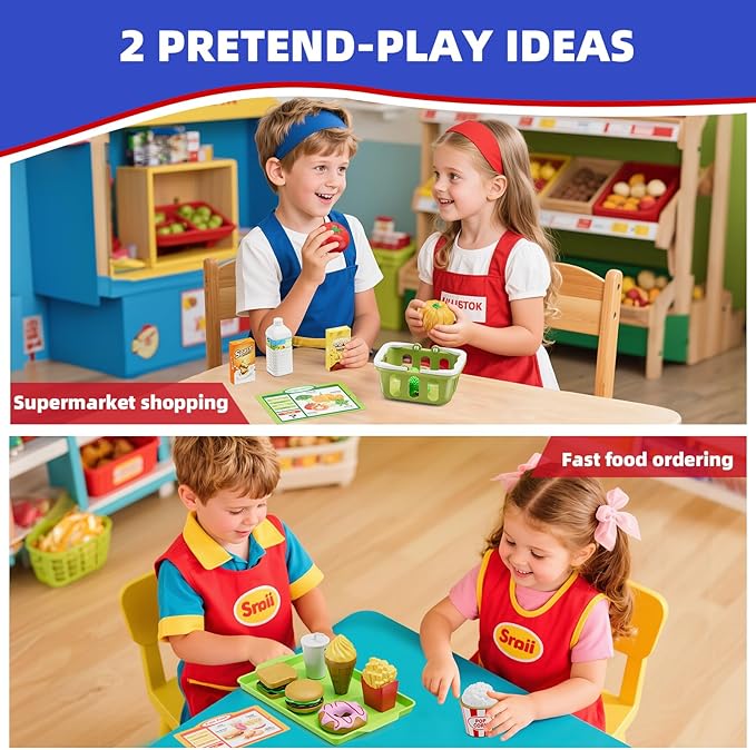 HYES Rechargeable Wooden Cash Register for Kids, Toy Cash Register with Play Money, Toy Food, Pretend Play Supermarket & Fast Food Restaurant, Toddler Learning Toys for Boy & Girl Age 3-5, Blue