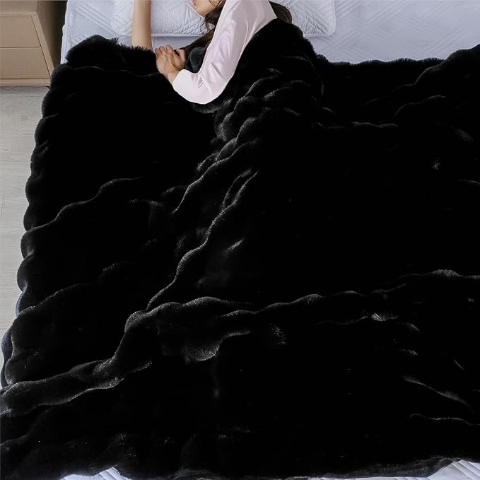 ORINOVA Faux Fur Black Thick Soft Throw Blanket 60X80 for Bed Couch Gift Office Chair Bunny Faux Rabbit Fur Blanket Decorative Warm Throw Blanket 860 GSM