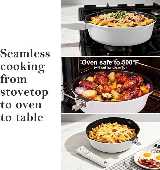 10 Inch Deep Frying Pan Skillet with Lid, Saute Pan Nonstick,White | 4 QT Cooking Pan with Detachable Handle, Suitable for All Stoves Including induction, Oven Safe, Non-Toxic PFOA Free