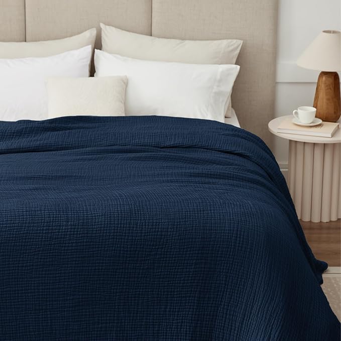 100% Cotton Muslin Blanket Queen 90" x 90", 6 Layers Breathable and Lightweight Cotton Throw Blanket for Bed, Soft Quilt Bedspread Coverlet, Gauze Blanket for Adults All Season, Navy