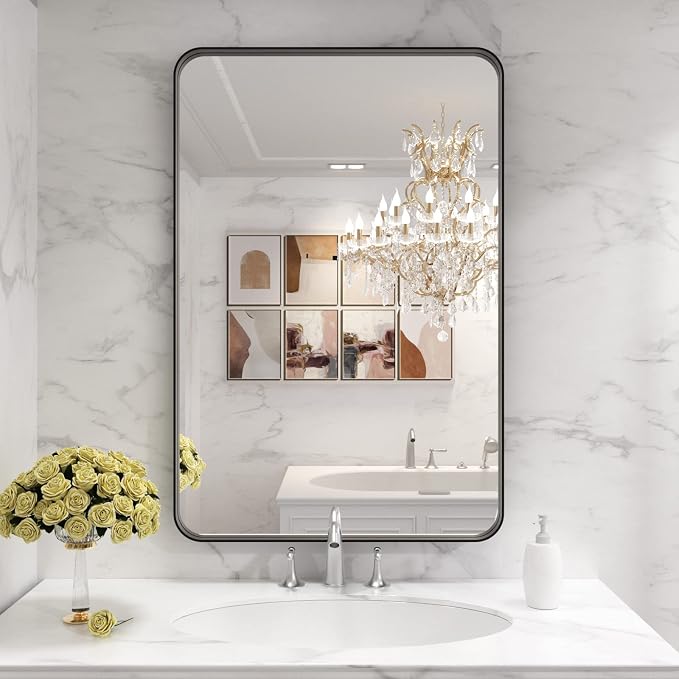 LOAAO 24X36 Inch Black Bathroom Mirror Metal Framed | Rounded Rectangle, Matte Black Bathroom Vanity Mirror, Anti-Rust, Hangs Horizontally or Vertically