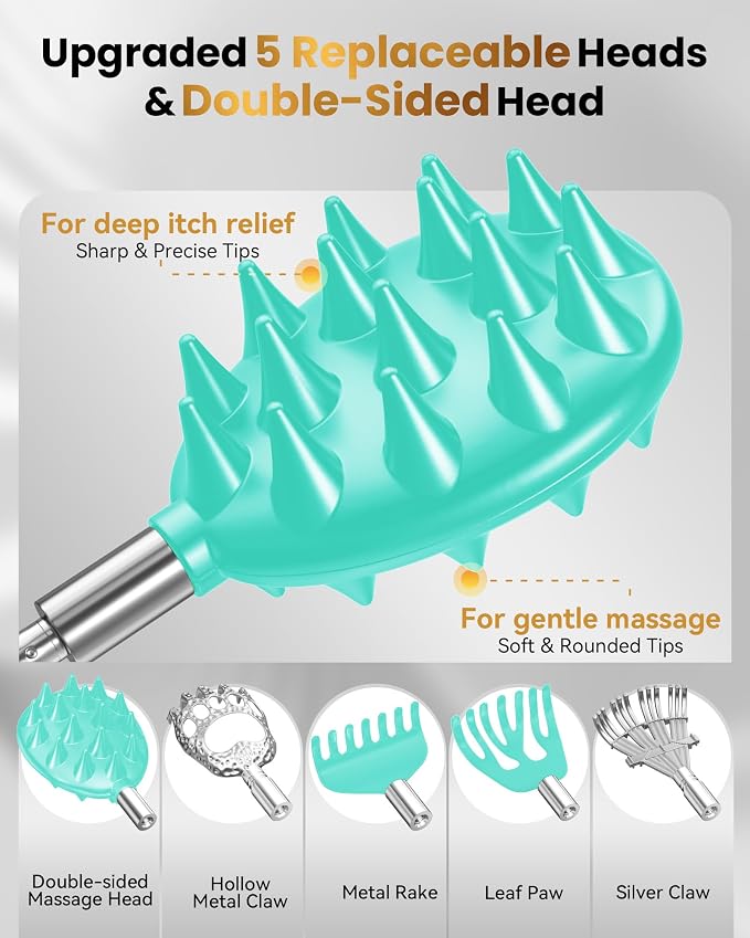HEYAXA Telescoping Back Scratcher with 5 Detachable Heads,Dad Gifts for Men and Women, Practical Gifts for Father, Dad, Adults with Gift Box, Green