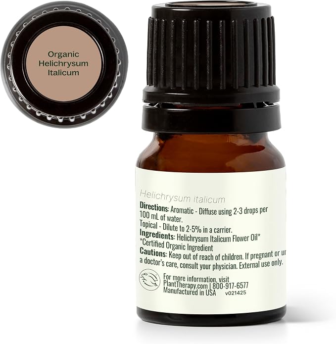Plant Therapy Organic Helichrysum Essential Oil (Italicum), 2.5 mL (1/12 oz), 100% Pure, Undiluted, USDA Certified Organic, Great for Skincare, Diffusion, and Aromatherapy