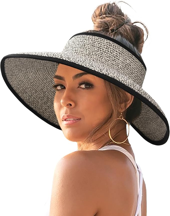 FURTALK Womens Sun Hat with Ponytail Hole Wide Brim Beach Straw Visor | Foldable & Packable for Beach Vacations, Adjustable Fit for Messy Buns, Detachable Windproof Strap, Sweat-Wicking Inner Band