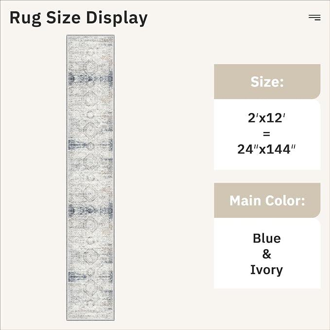 Soalmost Runner Rug 2x12 Washable Hallway Kitchen Runners Blue/Ivory | Non-Slip Vintage Rugs for Bathroom Laundry Room, Soft Low Pile Foldable Floor Carpet Mat for Entryway Corridor Bedroom