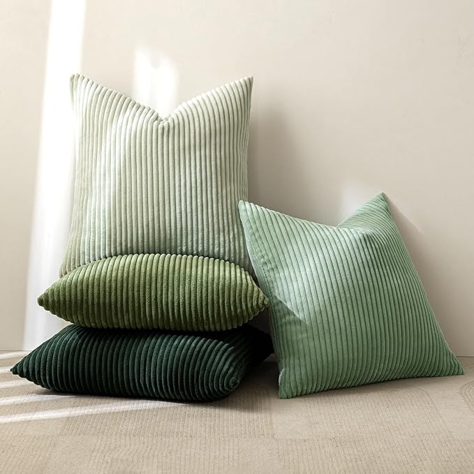 MIULEE Soft Corduroy Decorative Throw Pillow Covers Forest Green 20x20 | Set of 4, Mordern Nordic Home Decor, Gradient Color Matching, Boho Farmhouse Cushion Covers for Couch Bed Sofa Living Room