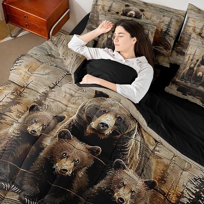Feelyou Vintage Grizzly Bear Comforter Set With Sheets 7 Piece King Size Wild Animal Hunting Bedding Set for Kids Boys Girls Western Cabin Bed in a Bag Farmhouse Room Decor Soft Lightweight Microfiber