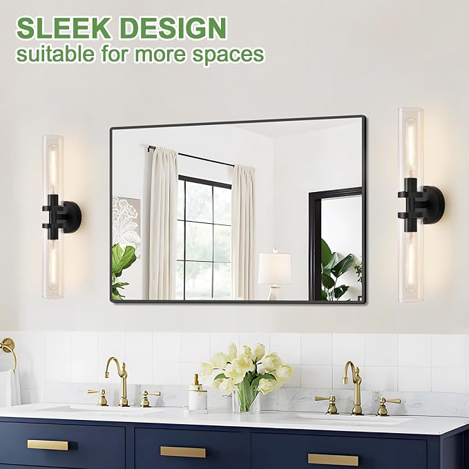 Wall Sconces Set of Two, Hardwired Matte Black Bathroom Sconces Wall Lighting with Clear Glass, Modern Sconces Wall Decor Set of 2 Bathroom Light Fixtures for Mirror Hallway (Bulbs Not Included)