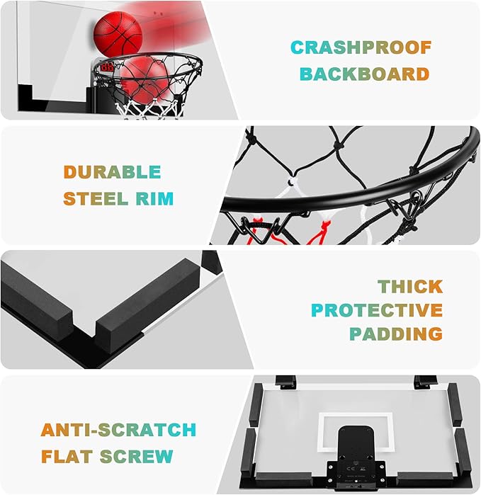 Indoor Basketball Hoop Boys Gifts for Teens Door Room Basketball Hoop Mini Hoop with Scoreboard, 3 Balls and Batteries Basketball Toys for 8 9 10 11 12