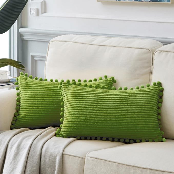 Fancy Homi Pack of 2 Lime Green Lumbar Decorative Throw Pillow Covers with Pom-poms, Soft Corduroy Solid Rectangle Cushion Cases Set for Couch Sofa Bedroom Car Living Room (12x20 Inch/30x50 cm)