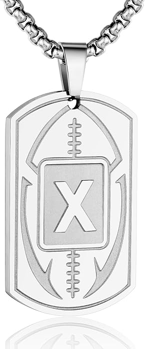 Initial A-Z Dog Tag Necklace for Men - Football Charm Pendant, Stainless Steel Chain 22+2 Inches, Personalized Sports Athletes Jewelry Gift