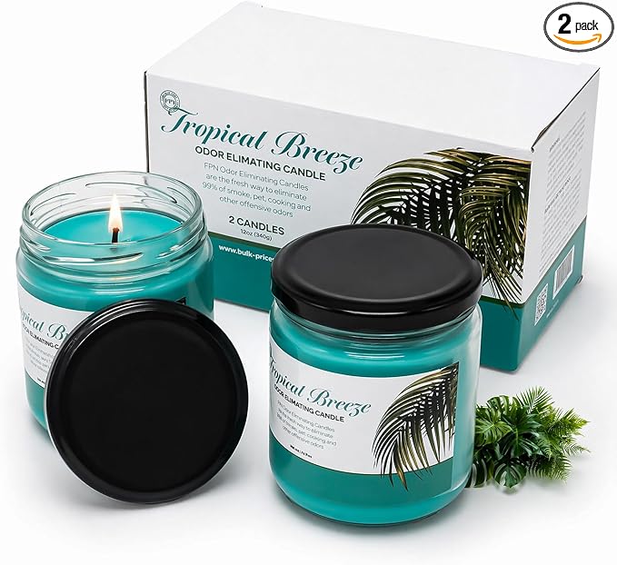 Candle Set Odor Eliminating – 2 Pack - 12oz – Long-Lasting Soy Wax Candles – Neutralizes Pet, Kitchen & Smoke Odors – Clean Burn, Eco-Friendly, Aromatherapy Candle (Tropical Breeze)
