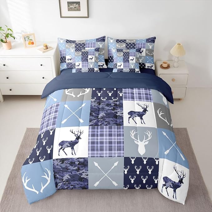 Feelyou Hunting Camo Deer Comforter Set Queen Size 7pcs Blue Camouflage Hunter Bedding Set Wildlife Animal Bed in a Bag with Comforter, Sheets, Pillowcases, Cushion Covers Rustic Western Decor