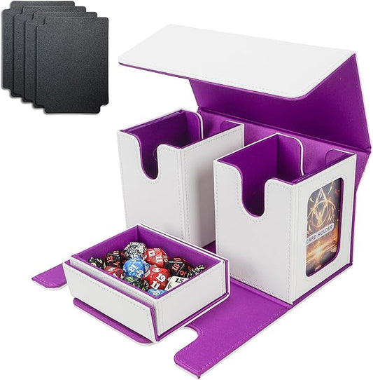 AFIING MTG Commander Card Storage Box - Fits 200 Double Sleeved Cards,3-in-1Card Deck Case,Mtg deck Card Organizer For Commander TCG CCG,4Dividers &2 Toploaders, Whtie/Purple