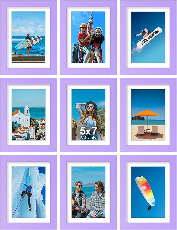 Vittanly 5x7 Picture Frames Set of 9 for Wall or Tabletop Display, Purple | Display Pictures 4x6 with Mat or 5x7 without Mat, Small Photo Frames, Engineered Wood with Shatter Resistant Plexiglass