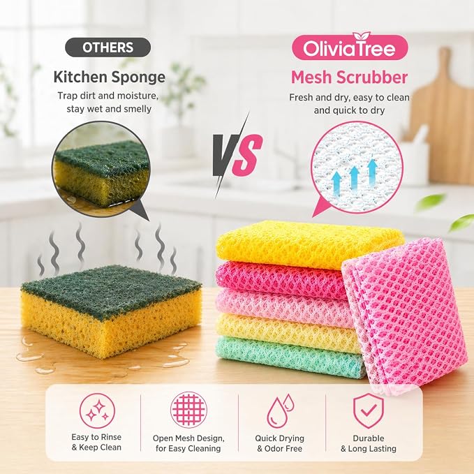 OliviaTree Dish Scrubber 5 Pack, Non Scratch Reusable Mesh Scrub Cloth for Washing Dishes Pots Pans Sink, Quick Dry Odor Resistant Sponge Alternative, Korean Kitchen Cleaning Pad 11 x 11 Inch