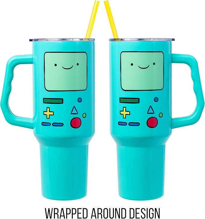 Silver Buffalo Adventure Time Featuring BMO Double Walled Stainless Steel Tumbler with Handle and Straw, Fits in Standard Cup Holder, 40 Ounces