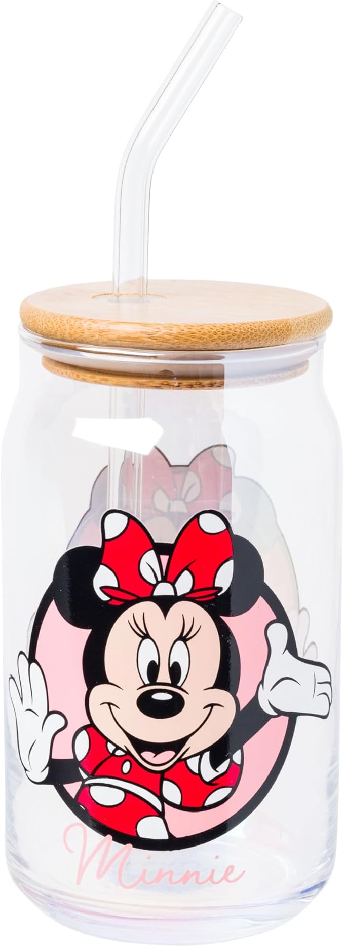 Silver Buffalo Disney Mickey and Friends Featuring Minnie 2 Pack Glass Jar Tumbler with Bamboo Lid and Glass Straw, 16 Ounces