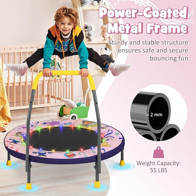 GYMAX 36” Toddler Trampoline with Lights, Folding Springless ASTM Approved Small Kids Rebounder with Foam Handle, Safety Padded Cover & Foldable Legs, Mini Indoor Baby Trampolines