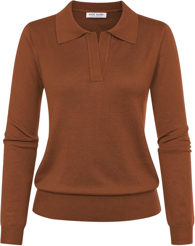 Women's Long Sleeve Classic V Neck Casual Fall Winter Polo Sweater Tops | Basic Collared Knitted Fashion Work Business Formal Daily Wear Versatile Pullover Shirts
