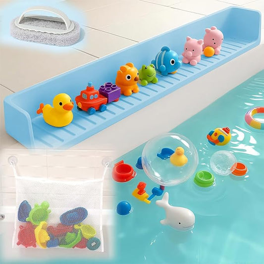 Extra Long White Bathtub Splash Guard Splash Guard Silicone Toy Shelf Holder Prevent Water Spills Kid Bath Tub Accessories (2.6FT, Blue)