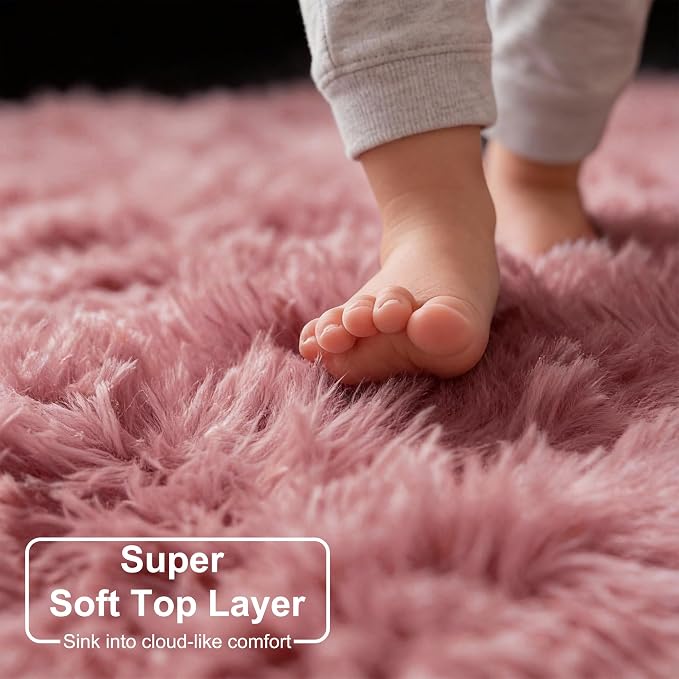 Amdrebio Blush Pink Fluffy Round Rug 4Ft for Bedroom, Fuzzy Furry Circle Area Rugs for Kids Room Decor Aesthetic, Shaggy Circular Carpet for Baby Girls Nursery Dorm, Cute Neutral Dusty Rose Mauve Rug