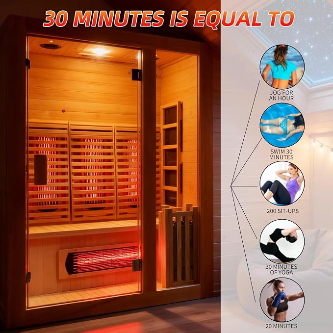 Infrared & Steam Dual-System Sauna Room, 2 Person Canadian Hemlock Sauna with Backrest, Indoor Traditional Home Saunas Spa with 6 Heaters & 3.5KW Sauna Stove, Oxygen Bar, 51.18"x47.24"x74.86"