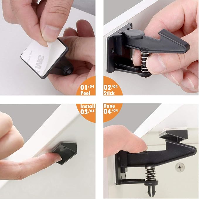 Cabinet Locks Child Safety Latches - OKEFAN 12 Pack Baby Proofing Cabinets Drawer Lock Adhesive Latch for Kids Proof Drawers No Drilling Tools Needed (Black)