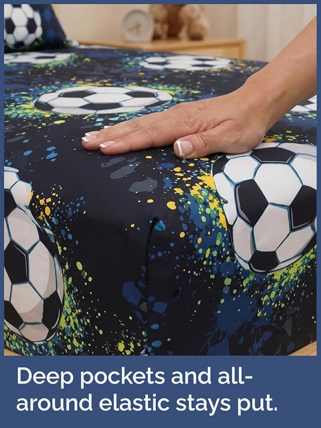 CGK Unlimited Kids Midnight Soccer Queen 4 Piece Sheet Set - Boys, Girls, Teens, Toddler - Easy Fit Deep Pockets - Soft, Cooling & Breathable Sheets - Cozy, Fade and Wrinkle Free - Machine Washable