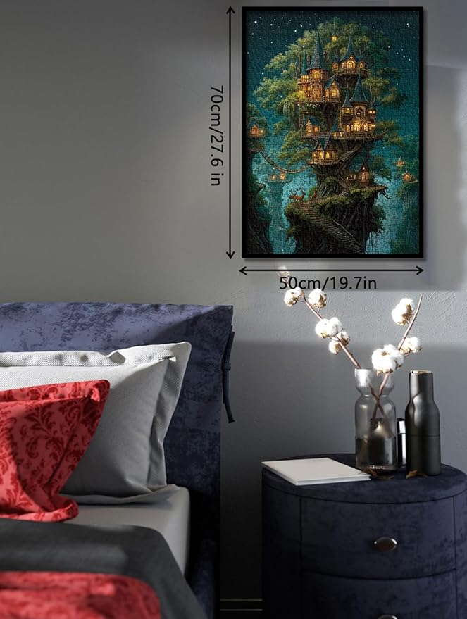Beautiful Forest House Landscape Puzzles for Adults 1000 Pieces Nature, Pretty Tree of Life Scenic Art Jigsaw Puzzles, Cozy Plant Stars Scenery Hard Difficult Challenging Garden Puzzle