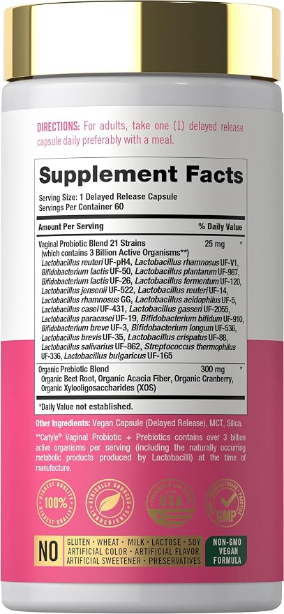 Carlyle Vaginal Probiotics for Women | 60 Capsules | with Prebiotics | Supports Healthy Odor, pH, Yeast Balance, and Flora | Vegan, Non-GMO, Gluten Free | For Her
