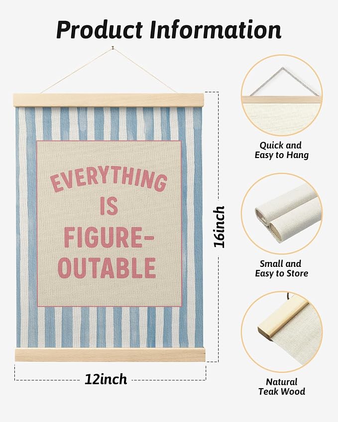 FGFK Preppy Pink and Blue Everything Is Figureoutable Inspirational Framed hanging Canvas wall art Poster Prints office dorm room decor for women, Motivational posters decorations for home bedroom,12x16 Inch