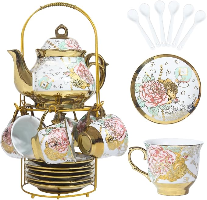 CHANJOON Gold Plated Red Rose Ceramic Tea Set, Vintage Tea Sets with Teapot, Beautiful Tea Set Coffee Serving 6 People (Golden, Medium)