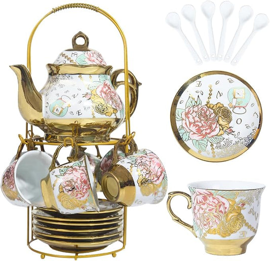 CHANJOON Gold Plated Red Rose Ceramic Tea Set, Vintage Tea Sets with Teapot, Beautiful Tea Set Coffee Serving 6 People (Golden, Medium)