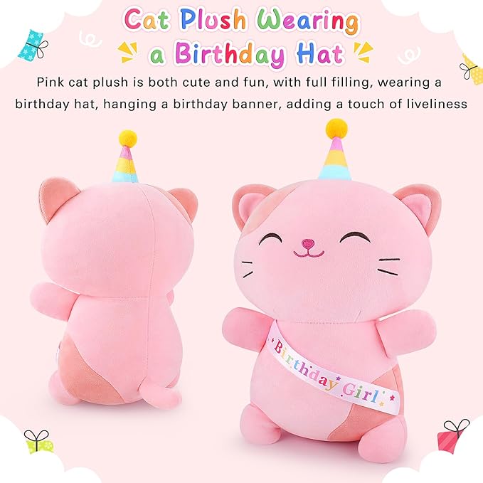 Achwishap Cat Stuffed Animal,Birthday Girls Cat Plush,14” Cats Plush Toys,Cute Plushies Birthday Gifts for Girls,Kawaii Kitten Plushie Huggging Pillow,Cuddly Animal Body Pillow for Kids Adults,Pink