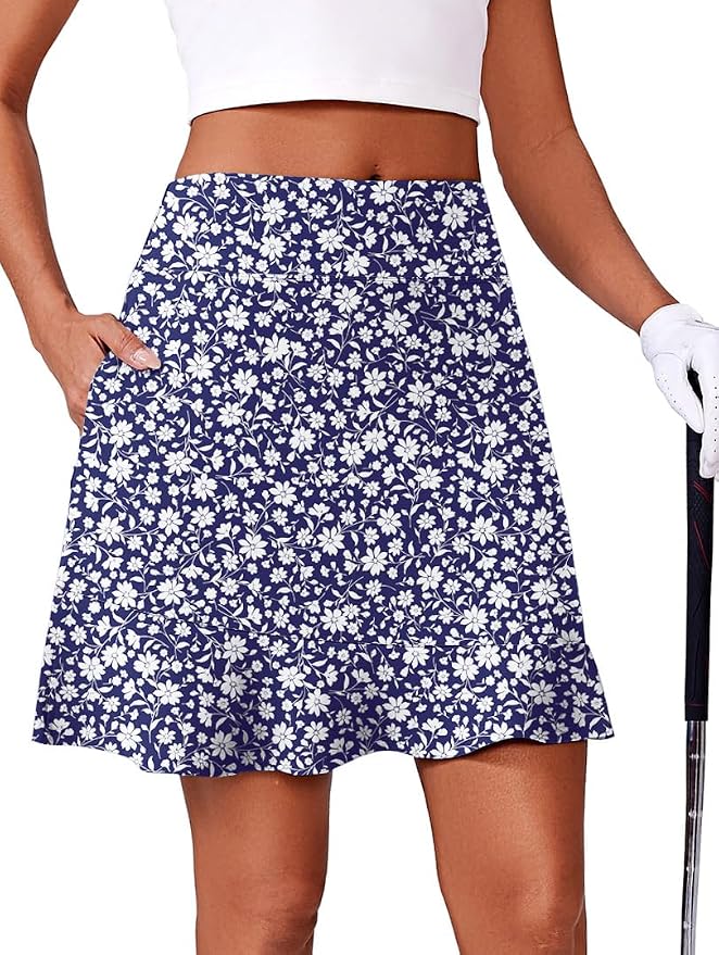 PINSPARK 18" Golf Skorts for Women with 6 Pockets Ruffle Athletic Skort | Above the Knee,High Waist,UPF 50+,4-way Stretch,Lightweight,Ruffle Hem,Tennis,Casual,Work,Pickleball