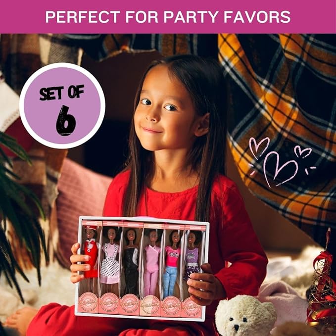 Liberty Imports 6 Set of African American Black Toy Dolls - 11.5" Premium Fashion Style Diversity Role Play Dolls, Bundle Variety Pack for Kids, Girls Party Favors