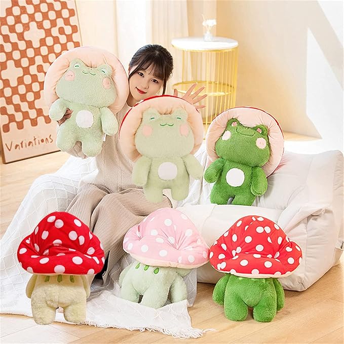 Frog Plush Cute Frog Mushroom Hat Stuffed Animals Kawaii Plush Toys Throw Pillow Home Room Decor Aesthetic Gift(Navy Green Frog Red Hat)