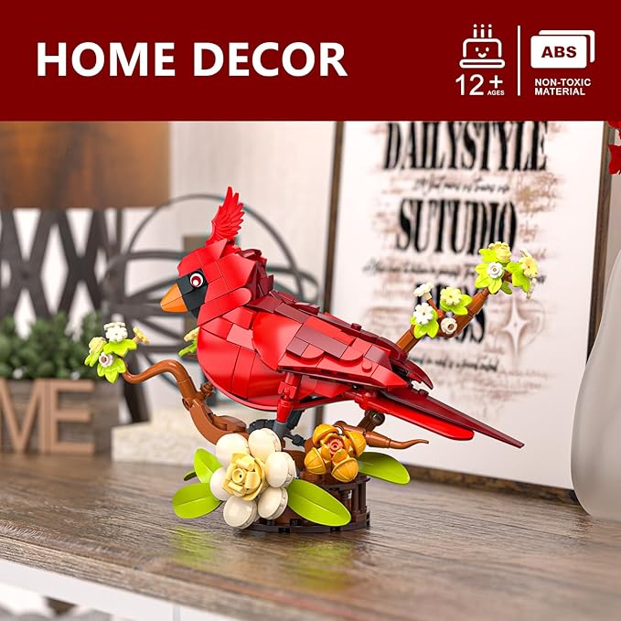 Northern Cardinal Building Set, Male Cardinal Bird with Blooming White Dogwood Flowers, Creative Set for Adults to Build and Display, Red Cardinal Modle, Memorial Gifts for Bird Lovers