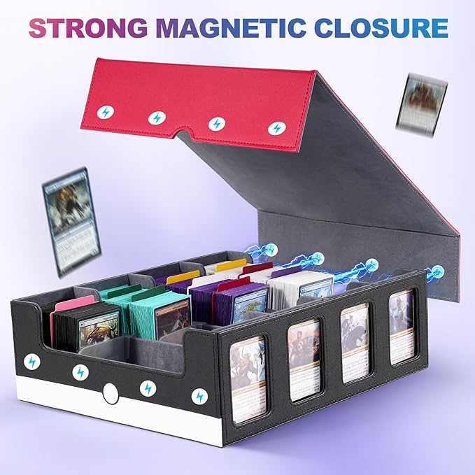 UAONO Trading Card Storage Box with Commander Display; 2400+ Deck Box for MTG with Removable Cover; Top Loaders Card Case fits Magic TCG PTCG Sports Cards; 24 Dividers, 4 Stoppers (Red, White)