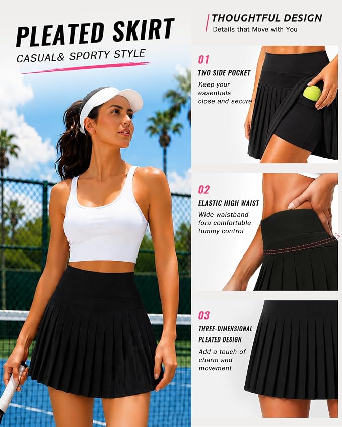 Pleated Tennis Skirt for Women with Pockets Shorts High Waisted Athletic Golf Skort for Workout Pickleball