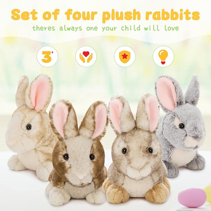 Tezituor 4 Pcs Realistic Rabbit Stuffed Animals Set, 9 Inch Big Stuffed Baby Bunny Plush Toy for Party Decoration, Cute Fluffy Plush Bunny Rabbit Bulk for Boys Girls