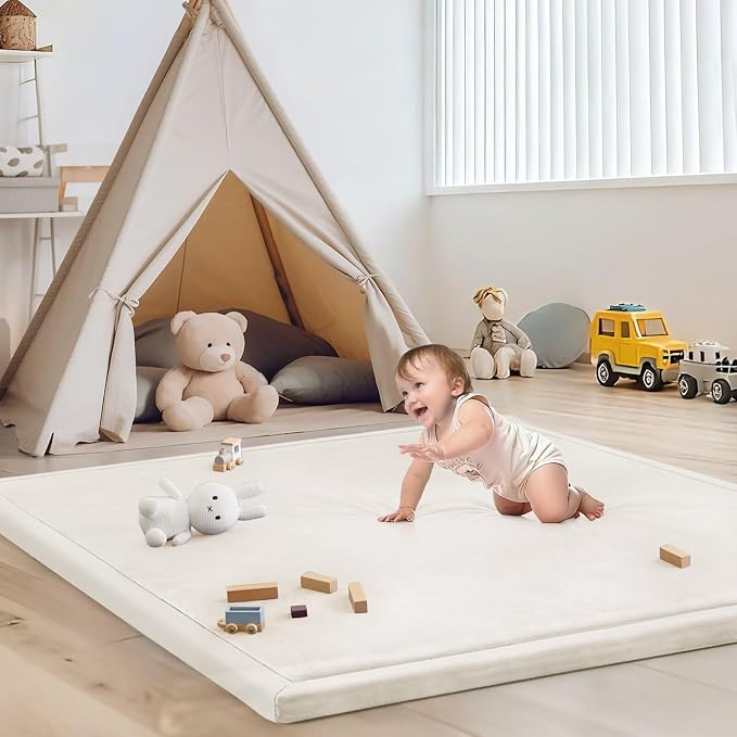 Baby Play Mat for Floor Nursery Rug Muscle Mat Area Rug Playroom Rug 50"x50" Playpen Mat Elastic Foam 1.3" Thick Crawling Mat for Babies,Toddlers, Infants, Kids,Cream