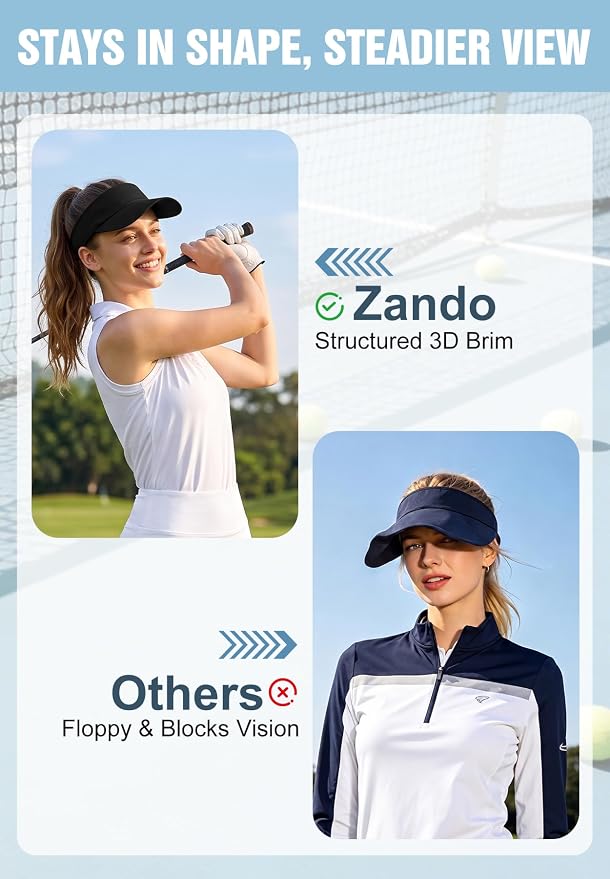 Zando 3.2" Structured Brim Visor Hats for Women, UPF 50+, Golf/Tennis | 3.2"Structured Brim Adds Sun Coverage, Steady View, Quick-dry Sweatband, Open-Top Ponytail Fit, Adjustable Fit & Lightweight