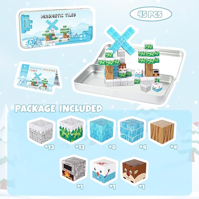 Mini Magnetic Cubes STEM Winter Set for Kids Ages 3-5, 35PCS Educational Travel Building Toys with Magnetic Tin Box, Birthday Gift for Boys & Girls 4-8, Preschool Brain Development Activities