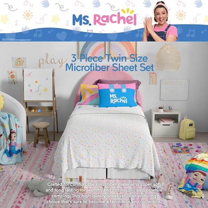 Ms. Rachel Educational Adventures Bedding Super Soft Cozy 3 Piece Microfiber Sheet Set, Twin, (Officially Licensed Product) By Franco Kids