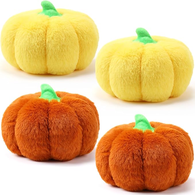 4 Pcs Pumpkin Pillows Fall Halloween Pumpkin Stuffed Animals Rabbit Hair Plush Toys Fluffy Thanksgiving Decor Throw Pillows Gifts for Kids for Home Bedroom Sofa Couch(Yellow,Brown)