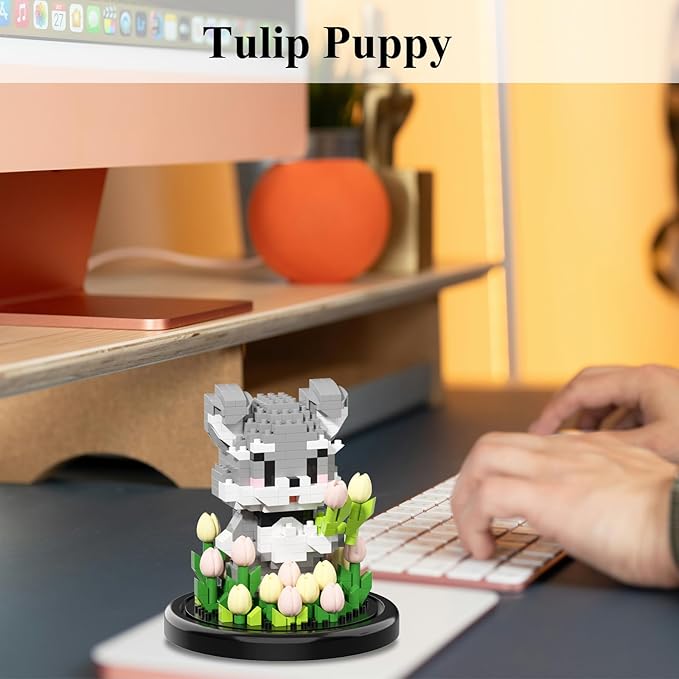 Artificial Flower Animal Building Set for Adults,Mini Dog Plant Bonsai Tree,Botanical Collection Gift for Kids,Office Home Decor Building Block,Birthday Gift for Girls Women(Tulip)