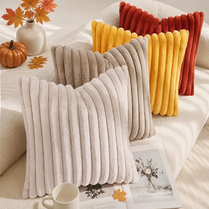 decorUhome Fall Faux Fur Throw Pillow Covers 12x20 Set of 2 Rust | Decorative Soft Cozy Striped Plush Modern Farmhouse Boho Couch Pillow Cases Velvet Back for Sofa Bed Living Room Home Decor